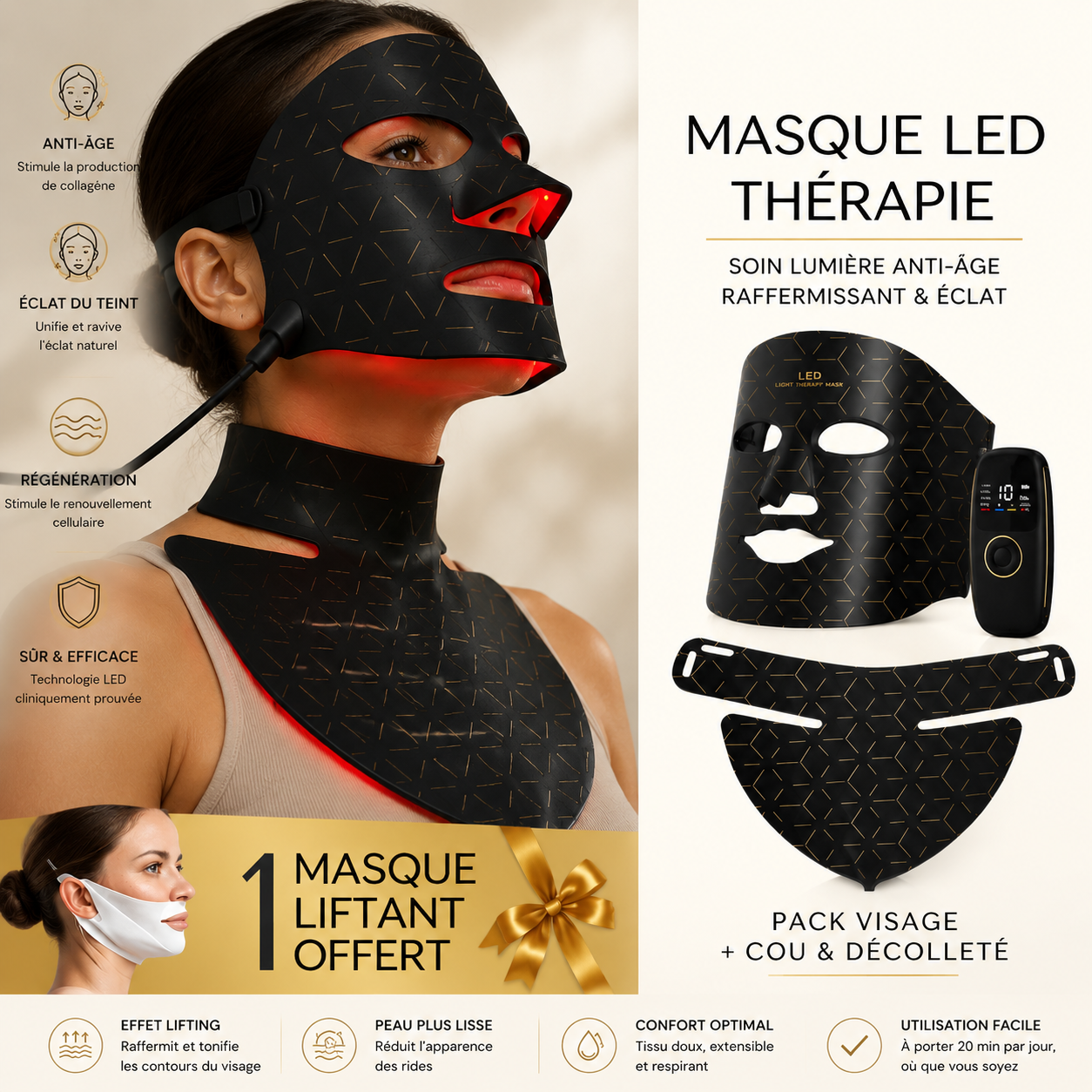 Masque LED Visage – Technologie Anti-Âge Avancée